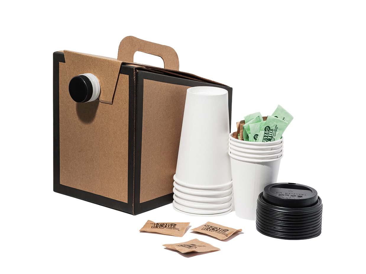 Traveler pack containing coffee cannister, cups, and sugar